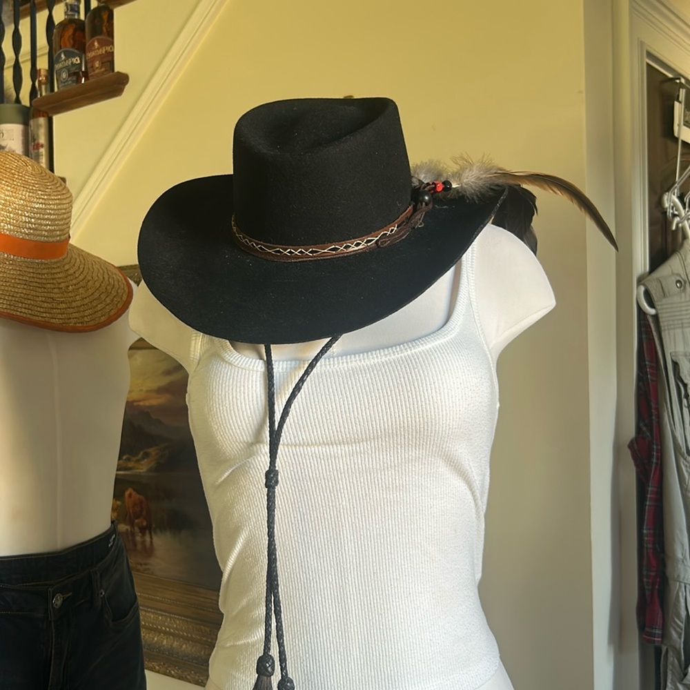 Western Star Sz 7 1/8 Black Cowboy Hat with Feather Accents Latigo Ties EUC